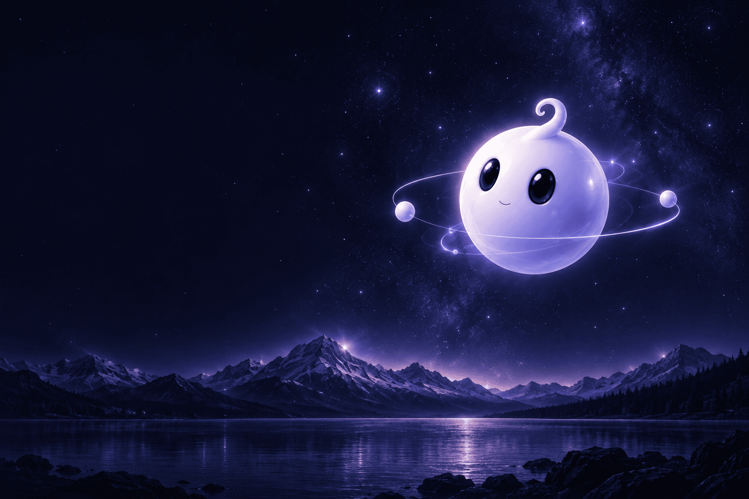 La pequeña mascota planetaria de LinkyLoom sobre un lago bajo las estrellas