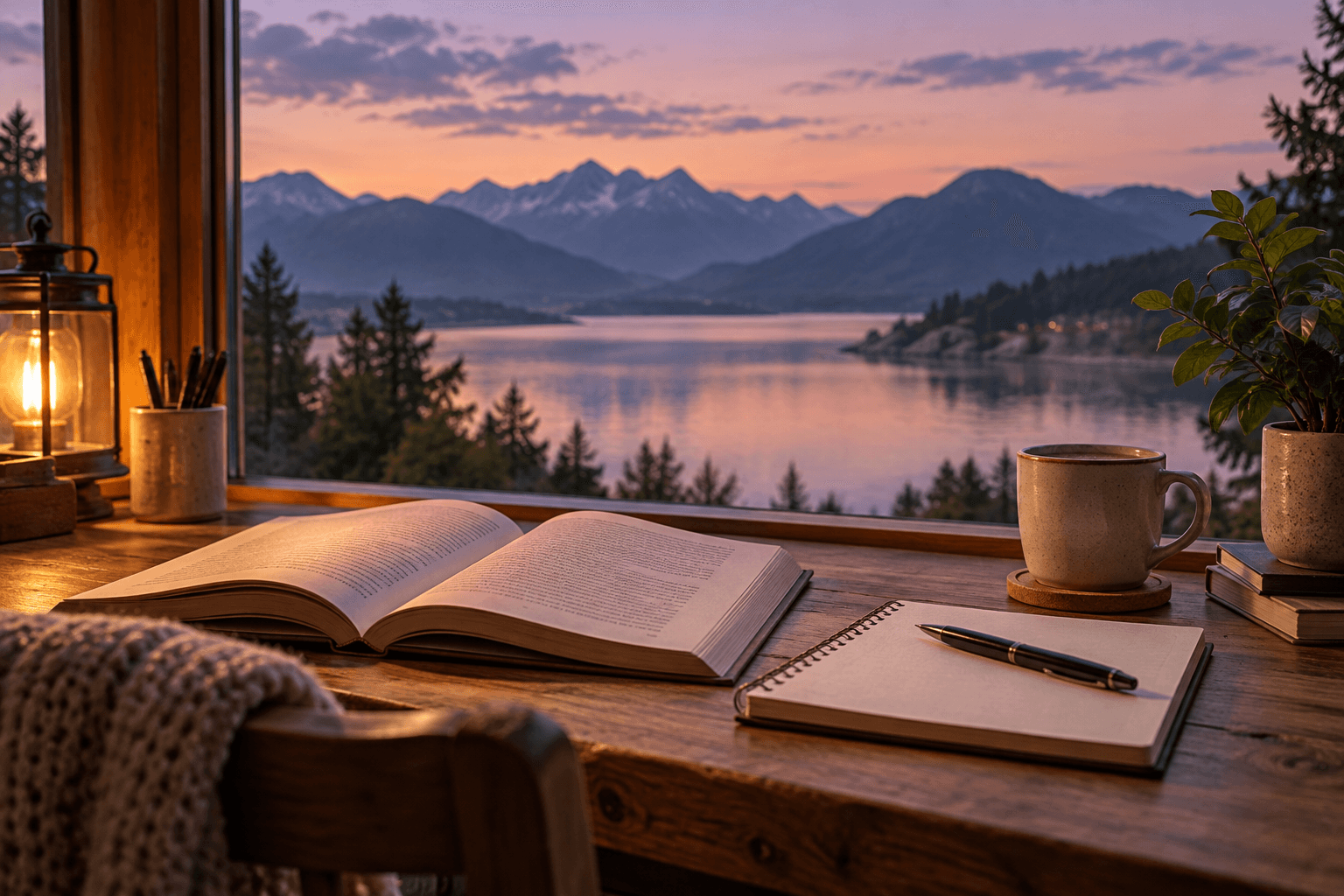Libro y cuaderno junto a una ventana tranquila
