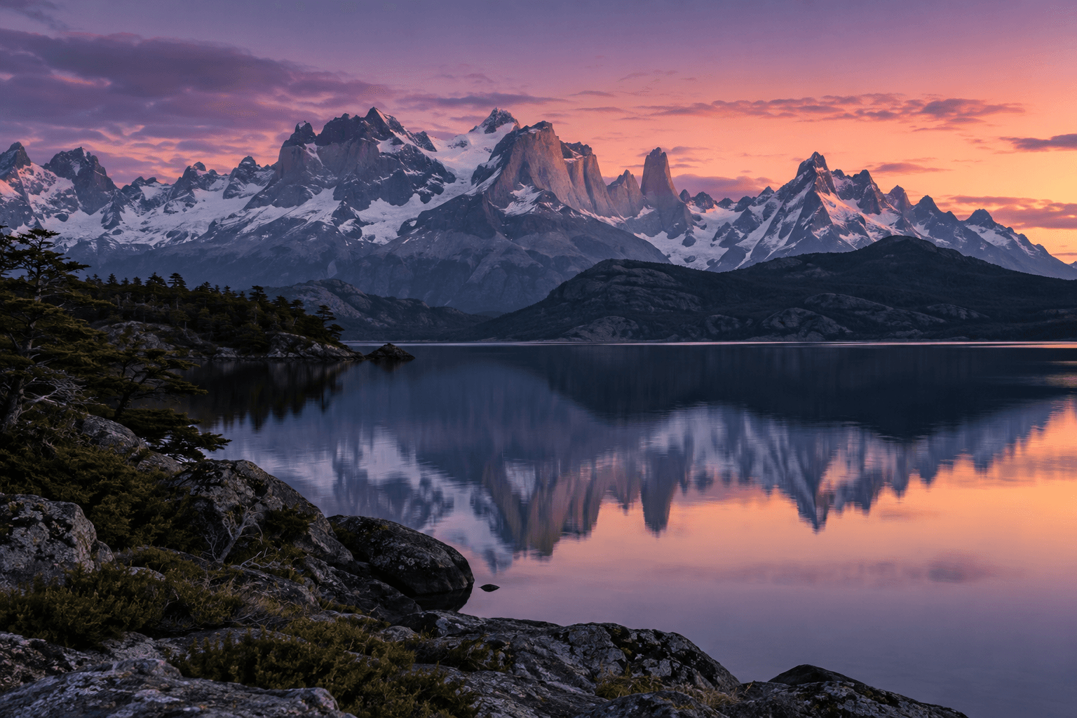 Lago y montañas de la Patagonia al anochecer